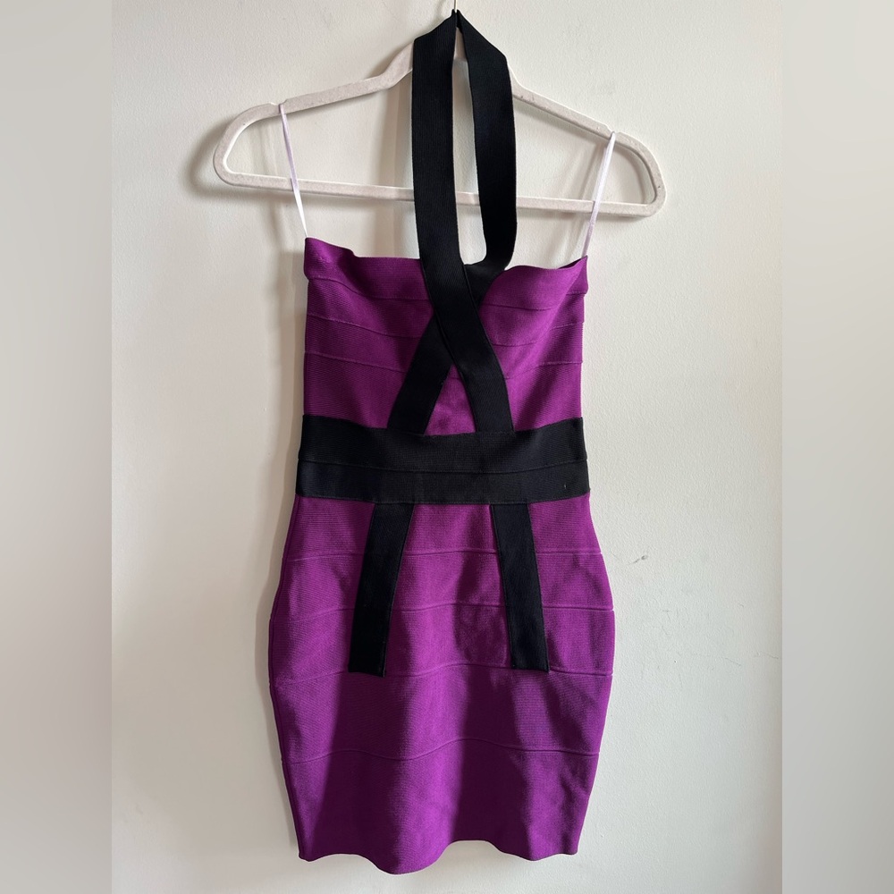 Herve Leger Bandage Body-con Purple and Black Halter Mini Dress